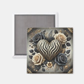 ゼブラエレガントプリントハートとバラ マグネット (正面/裏面)