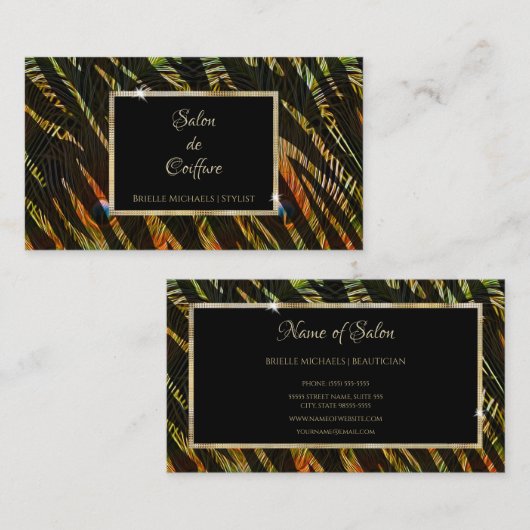 ゼブラエレガントプリントピーコック羽毛ヘアサロン 名刺 (正面/裏面)