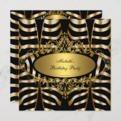 ゼブラエレガントワイルド金ゴールドブラックバースデーパーティー 招待状 (正面/裏面)