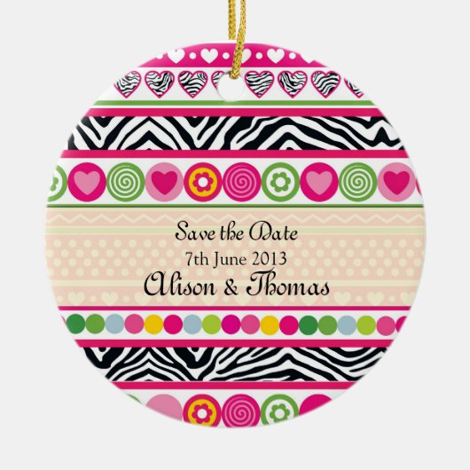 ゼブラカラフルハート'日付の保存'オーナメント セラミックオーナメント (正面)