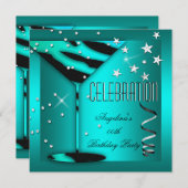 ゼブラガラスティール（緑がかった色）ブルーお祝いバースデーパーティー 招待状 (正面/裏面)