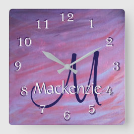 ゼブラガーリー抽象芸術 |かわいいピンクパープルのモノグラム スクエア壁時計