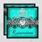 ゼブラキンセアニェラ15thバースデーパーティーティール（緑がかった色）レース 招待状 (正面/裏面)