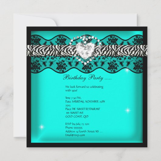 ゼブラキンセアニェラ15thバースデーパーティーティール（緑がかった色）レース 招待状 (裏面)
