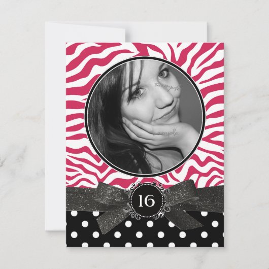 ゼブラグリッター&水玉模様ズフォトスイート16ピンク 招待状 (正面)