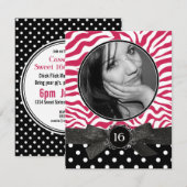 ゼブラグリッター&水玉模様ズフォトスイート16ピンク 招待状 (正面/裏面)