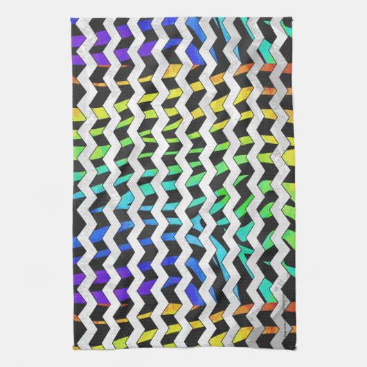 ゼブラシェブロンブラックアンドレインボープリント キッチンタオル (縦)