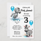 ゼブラジャングルサファリテーマボーイズ誕生日ブルーパーティー 招待状 (正面)