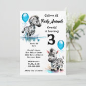 ゼブラジャングルサファリテーマボーイズ誕生日ブルーパーティー 招待状 (スタンド正面)