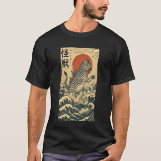 ゼブラジラシマ柄の和風アート面白グラフィックTシャツ ロング丈 Tシャツ