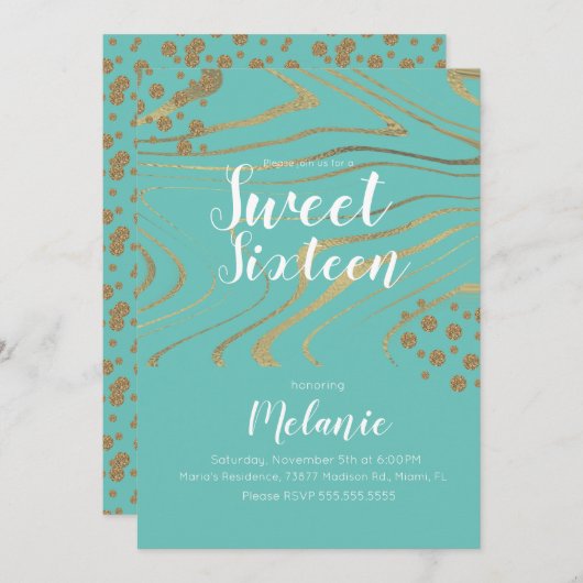 ゼブラスイート16グリッターフェイク金ゴールドとフォイルジオ 招待状 (正面/裏面)