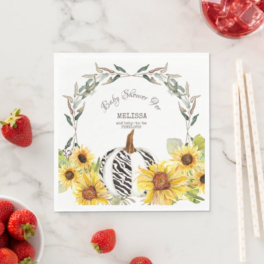 ゼブラストライプのホワイトカボチャひまわり赤ちゃんシャワー スタンダードランチョンナプキン (インサイチュ)