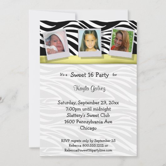 ゼブラストライプの黄色のリボン写真パーティー招待状 招待状 (正面)