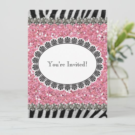 ゼブラストライプピンクグリッターガール誕生日招待状 招待状 (スタンド正面)