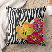ゼブラストライプ模様 + ハイビスカスの花 クッション (ブランケット)