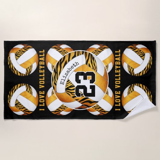 ゼブラストライプ金ゴールドオレンジパーソナライズされたバレーボール ビーチタオル (正面)