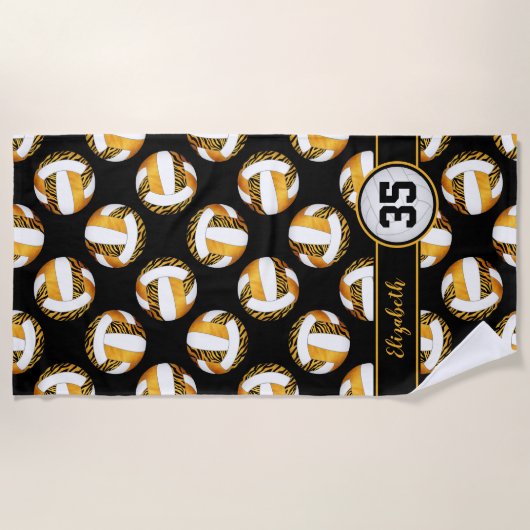 ゼブラストライプ金ゴールドオレンジ色のスポーティ女の子バレーボール ビーチタオル (正面)