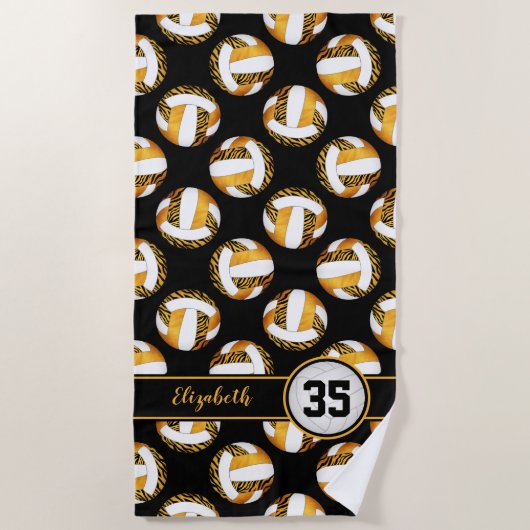 ゼブラストライプ金ゴールドオレンジ色のスポーティ女の子バレーボール ビーチタオル (正面)