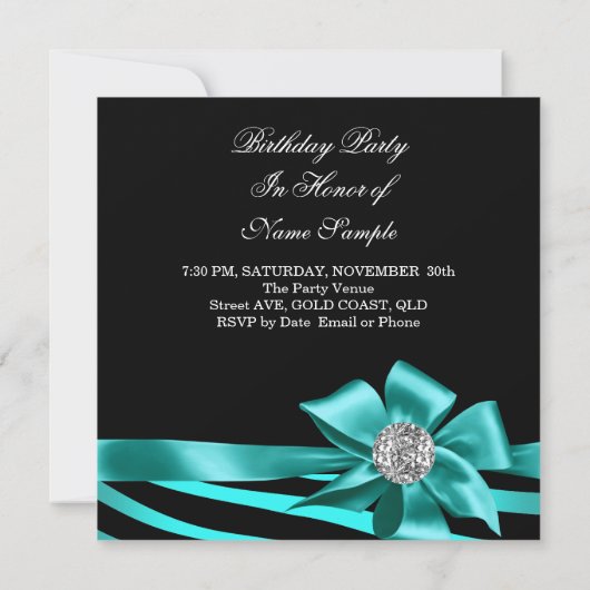 ゼブラティール（緑がかった色）シルバージュエルブラックエレガントパーティー 招待状 (裏面)