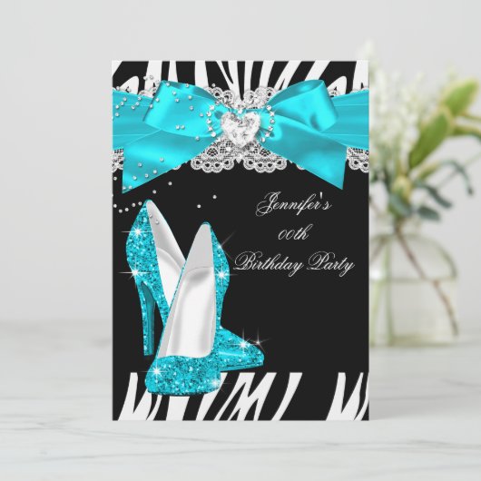 ゼブラティール（緑がかった色）ターコイズハイヒールシューズ誕生日 招待状 (スタンド正面)