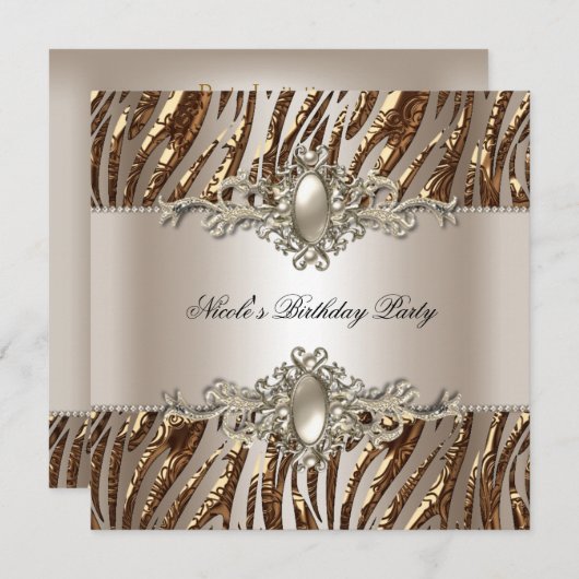 ゼブラバースデーパーティーパールクリームコーヒー 招待状 (正面/裏面)