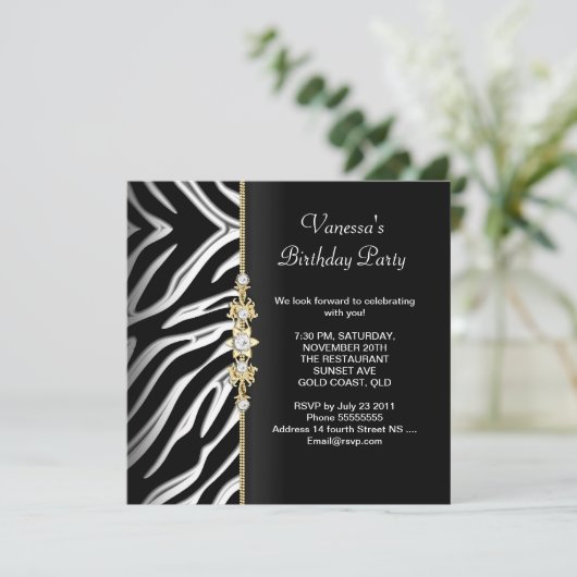 ゼブラバースデーパーティー金ゴールド白黒フローラ 招待状 (スタンド正面)