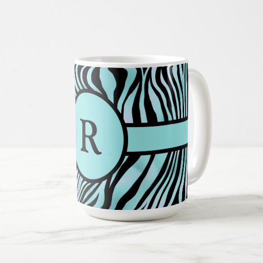 ゼブラパーソナライズされたプリントブラックとティール(緑がかった色)ターコイズ コーヒーマグカップ (正面右)