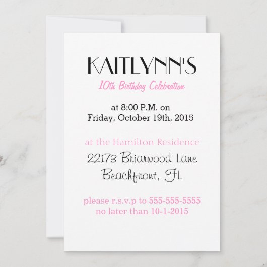 ゼブラパーソナライズされたプリント応援またはピンクのPOM 招待状 (裏面)