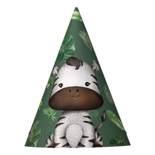 ゼブラパーティーアニマルワイルドジャングルサファリ誕生日ボーイ パーティーハット (正面)