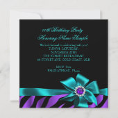 ゼブラパープルティール（緑がかった色）バースデーパーティーブルーブラック 招待状 (裏面)