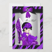 ゼブラパープルハイヒールベビーシャワーブルネットガール 招待状 (正面)