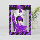 ゼブラパープルハイヒールベビーシャワーブルネットガール 招待状 (スタンド正面)