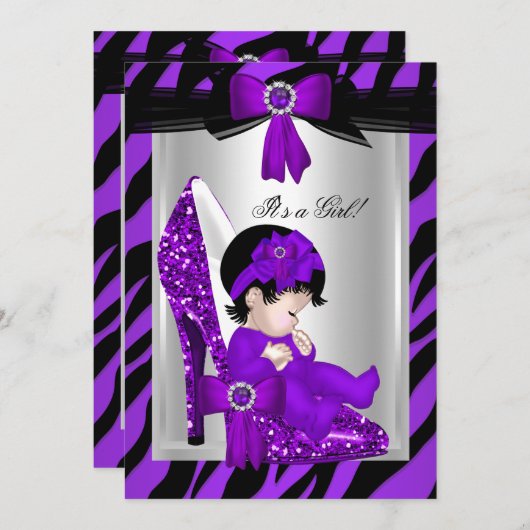 ゼブラパープルハイヒールベビーシャワーブルネットガール 招待状 (正面/裏面)