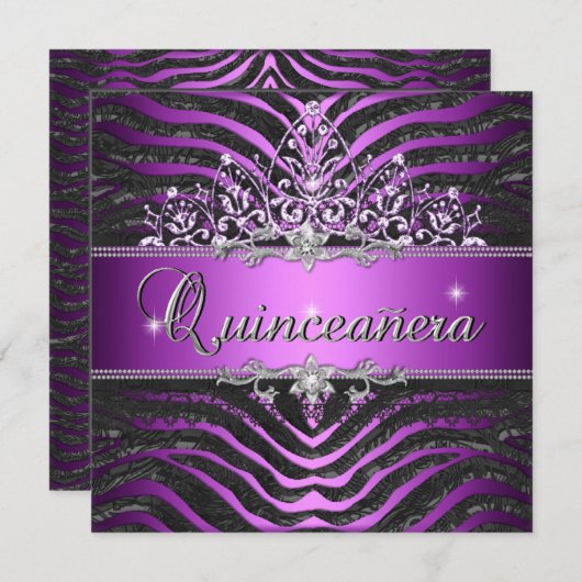 ゼブラパープルピンクブラックキンセアニェラ15誕生日 招待状 (正面/裏面)