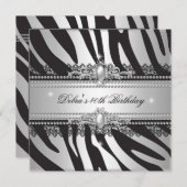 ゼブラパールブラックシルバーホワイト40th誕生日パーティー 招待状 (正面/裏面)