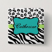ゼブラヒョウ皮白黒ティール(緑がかった色)名バッジ 缶バッジ (正面)
