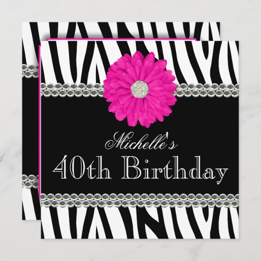 ゼブラピンクデイジーが40歳の誕生日にプリントされた宝石 招待状 (正面/裏面)