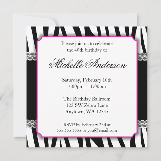 ゼブラピンクデイジーが40歳の誕生日にプリントされた宝石 招待状 (裏面)