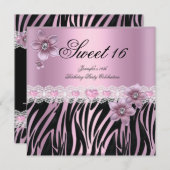 ゼブラピンクブラックSweet sixteenスウィート16パーティー 招待状 (正面/裏面)