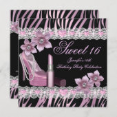 ゼブラピンクブラックSweet sixteen16パーティー口紅 招待状 (正面/裏面)