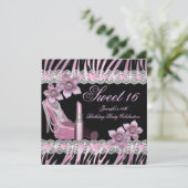 ゼブラピンクブラックSweet sixteen16パーティー口紅 招待状 (スタンド正面)