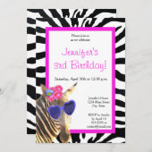 ゼブラファッショングラマー動物ガールハッピーバースデー 招待状 (正面/裏面)