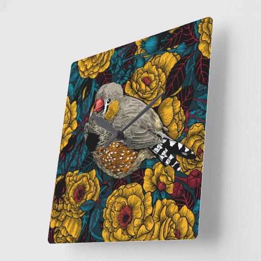 ゼブラフィンチとバラブッシュ スクエア壁時計 (傾斜)