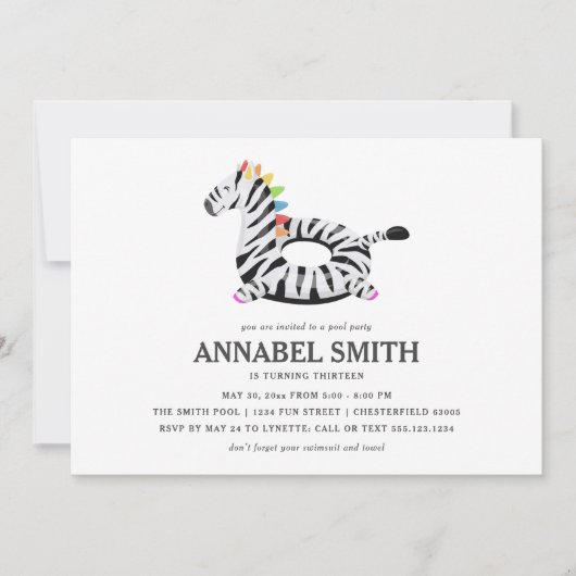 ゼブラフロート誕生日プールパーティー 招待状 (正面)