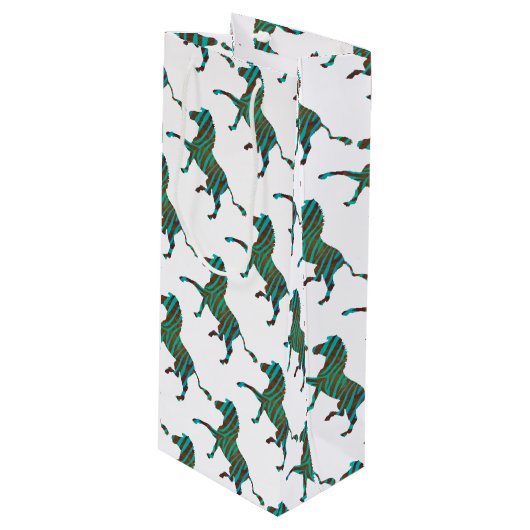 ゼブラブラウンとティール（緑がかった色）プリントシルエット ワインギフトバッグ (正面アングル)
