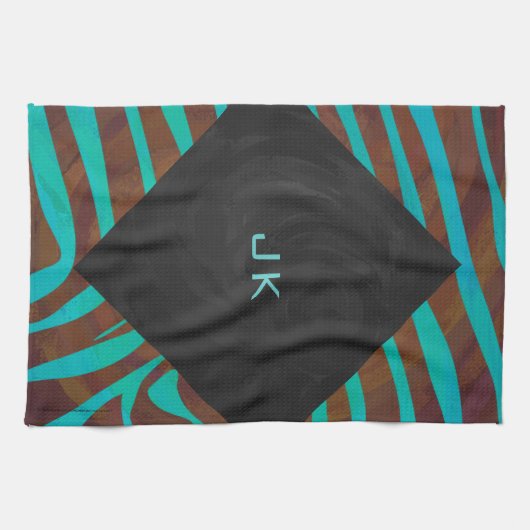 ゼブラブラウンとモノグラムティール(緑がかった色) キッチンタオル (横)