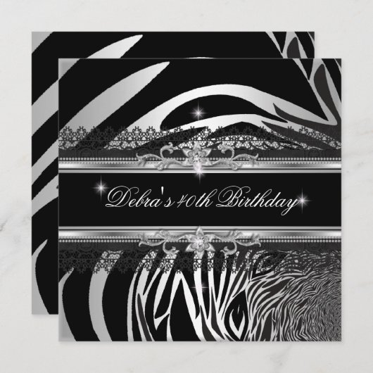 ゼブラブラックシルバーホワイト40歳の誕生日パーティー 招待状 (正面/裏面)