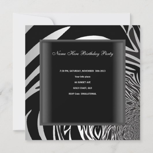 ゼブラブラックシルバーホワイト40歳の誕生日パーティー 招待状 (裏面)