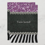 ゼブラブラックパープルグリッタールックブライダルシャワー 招待状 (正面/裏面)