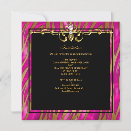 ゼブラブラック金ゴールドピンクジュエル30th誕生日パーティー 招待状 (裏面)